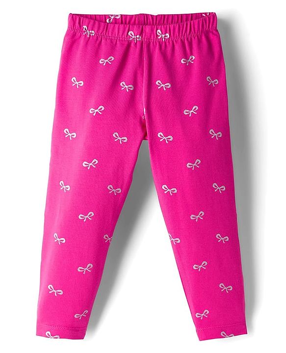 Babyhug Cotton Lycra Knit Full Length Leggings with Stretch & Bow Print - Pink
