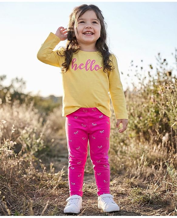 Babyhug Cotton Lycra Knit Full Length Leggings with Stretch & Bow Print - Pink