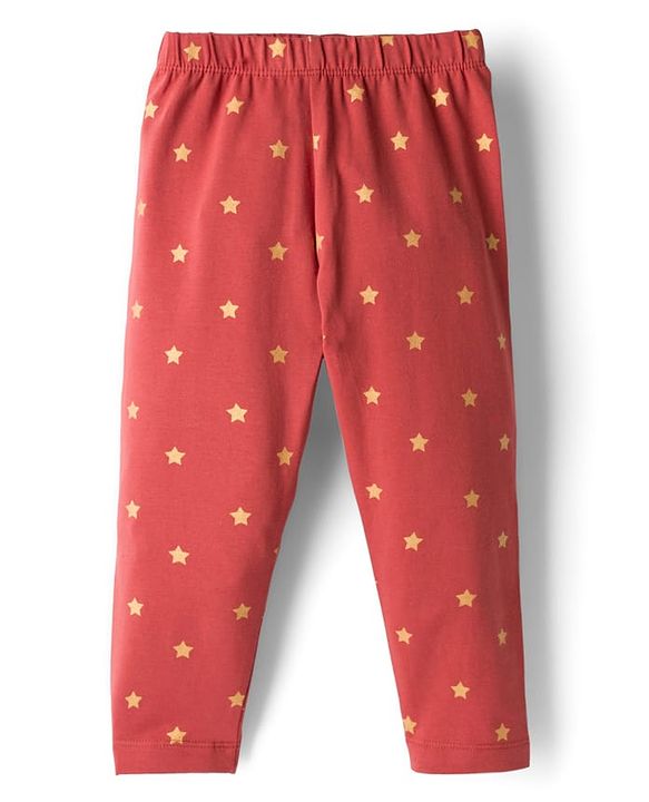 Babyhug Cotton Lycra Knit Full Length Leggings with Stretch & Stars Print - Rust Orange