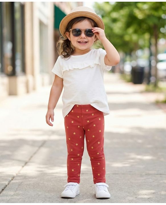Babyhug Cotton Lycra Knit Full Length Leggings with Stretch & Stars Print - Rust Orange