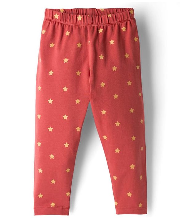 Babyhug Cotton Lycra Knit Full Length Leggings with Stretch & Stars Print - Rust Orange