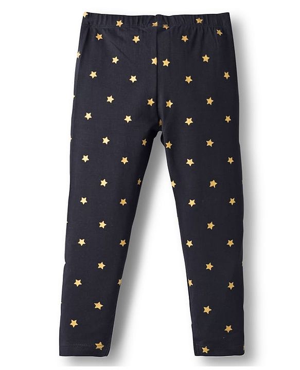 Babyhug Cotton Lycra Knit Full Length Leggings With Stretch & Star Print - Black