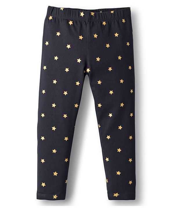 Babyhug Cotton Lycra Knit Full Length Leggings With Stretch & Star Print - Black