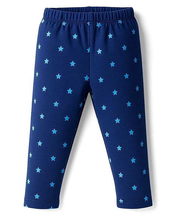 Babyhug Cotton Lycra Knit Full Length Leggings With Star Print & Stretch - Navy Blue