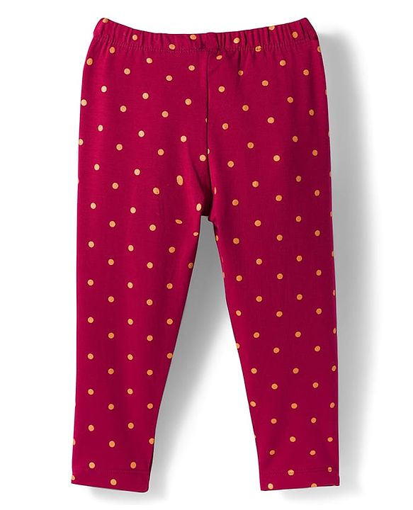 Babyhug Cotton Lycra Knit Full Length Leggings With Stretch & Polka Dots Print - Dark Pink