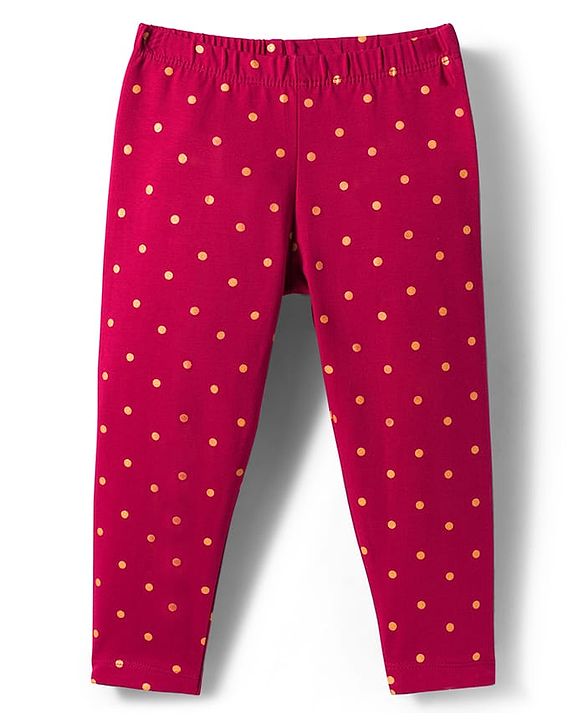 Babyhug Cotton Lycra Knit Full Length Leggings With Stretch & Polka Dots Print - Dark Pink