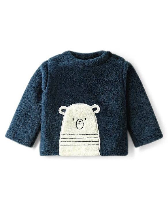 Babyhug Velour Knit Full Sleeves Winterwear Nightsuit with Bear Patch - Navy Blue