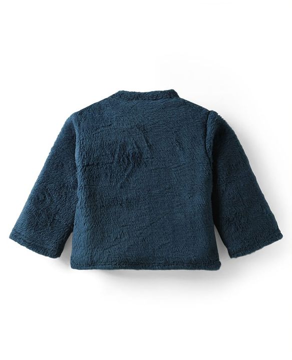 Babyhug Velour Knit Full Sleeves Winterwear Nightsuit with Bear Patch - Navy Blue