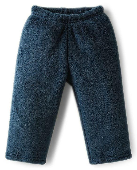 Babyhug Velour Knit Full Sleeves Winterwear Nightsuit with Bear Patch - Navy Blue