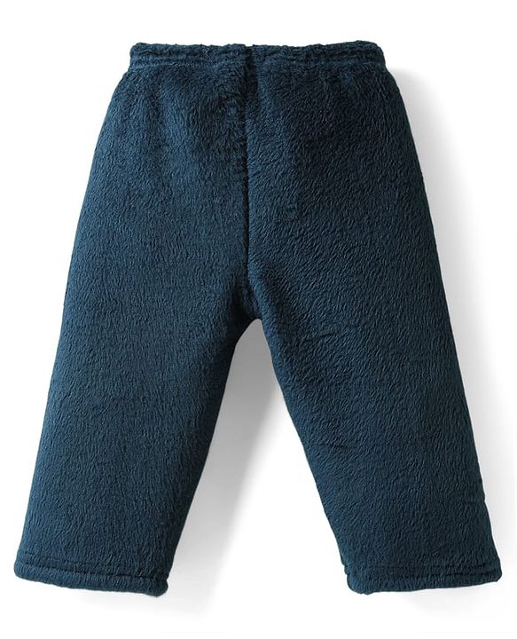 Babyhug Velour Knit Full Sleeves Winterwear Nightsuit with Bear Patch - Navy Blue