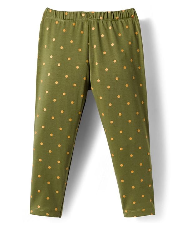 Babyhug Cotton Lycra Knit Full Length Leggings With Stretch & Polka Dots Print - Green