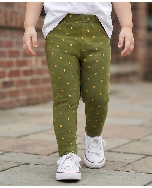 Babyhug Cotton Lycra Knit Full Length Leggings With Stretch & Polka Dots Print - Green