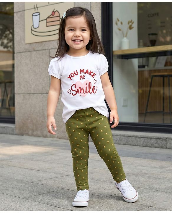 Babyhug Cotton Lycra Knit Full Length Leggings With Stretch & Polka Dots Print - Green