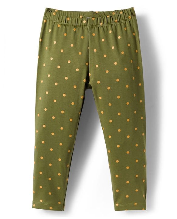 Babyhug Cotton Lycra Knit Full Length Leggings With Stretch & Polka Dots Print - Green
