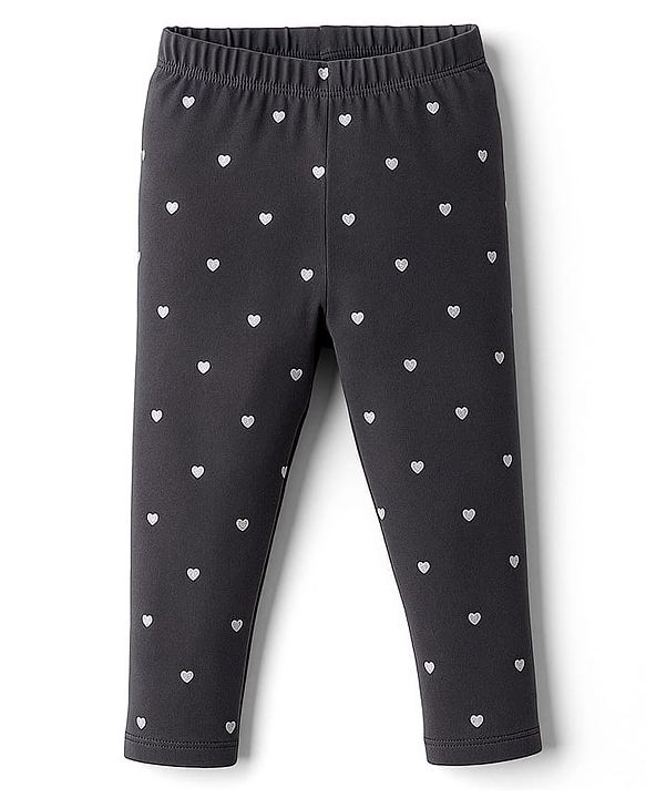 Babyhug Cotton Lycra Knit Full Length Leggings With Heart Print & Stretch - Charcoal Grey