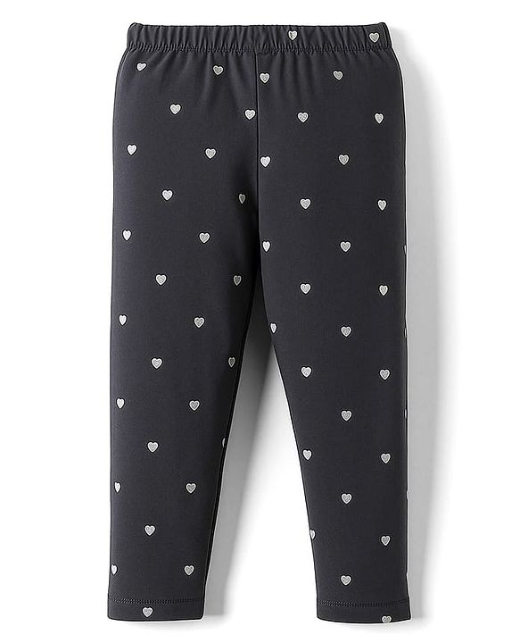 Babyhug Cotton Lycra Knit Full Length Leggings With Heart Print & Stretch - Charcoal Grey