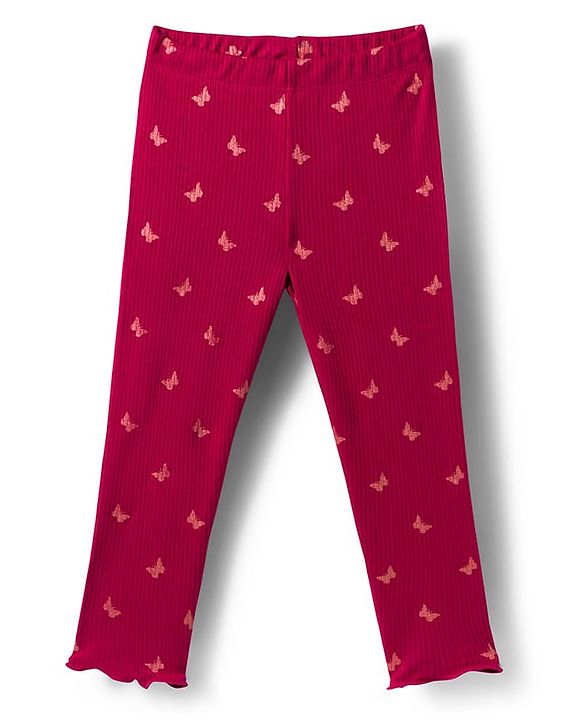 Babyhug Rib Cotton Lycra Knit Full Length Leggings With Stretch & Butterfly Print - Pink