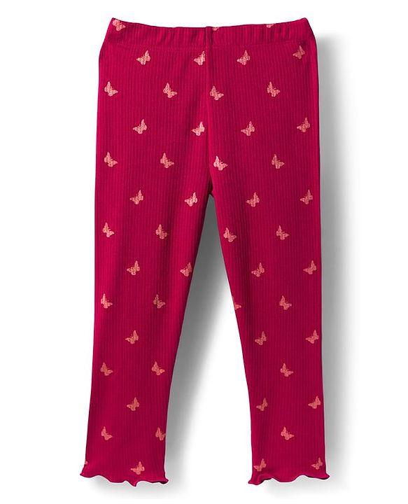 Babyhug Rib Cotton Lycra Knit Full Length Leggings With Stretch & Butterfly Print - Pink