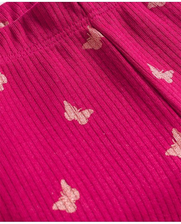 Babyhug Rib Cotton Lycra Knit Full Length Leggings With Stretch & Butterfly Print - Pink