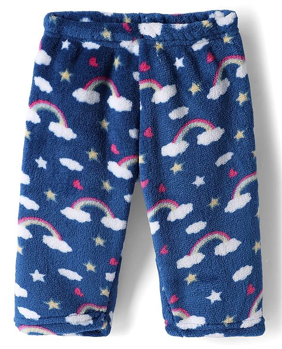 Babyhug Velour Knit Full Sleeves Co-ord Winterwear Night Suit with Rainbow Print - Blue