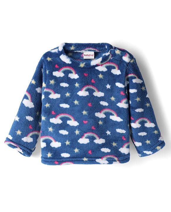 Babyhug Velour Knit Full Sleeves Co-ord Winterwear Night Suit with Rainbow Print - Blue