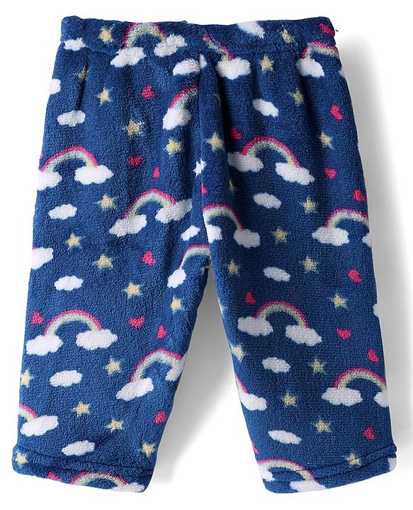 Babyhug Velour Knit Full Sleeves Co-ord Winterwear Night Suit with Rainbow Print - Blue