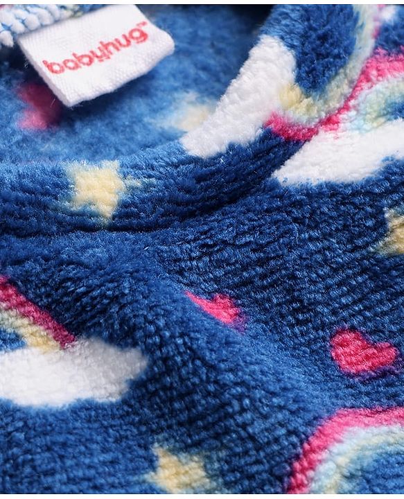 Babyhug Velour Knit Full Sleeves Co-ord Winterwear Night Suit with Rainbow Print - Blue