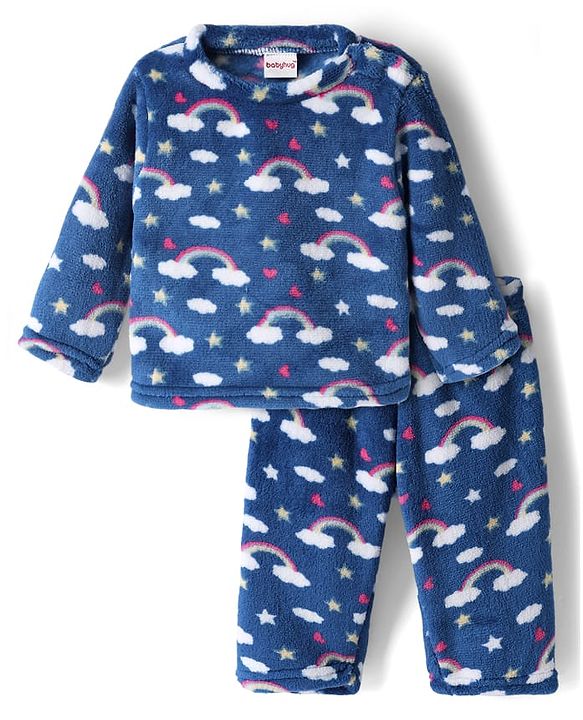 Babyhug Velour Knit Full Sleeves Co-ord Winterwear Night Suit with Rainbow Print - Blue