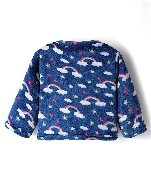 Babyhug Velour Knit Full Sleeves Co-ord Winterwear Night Suit with Rainbow Print - Blue