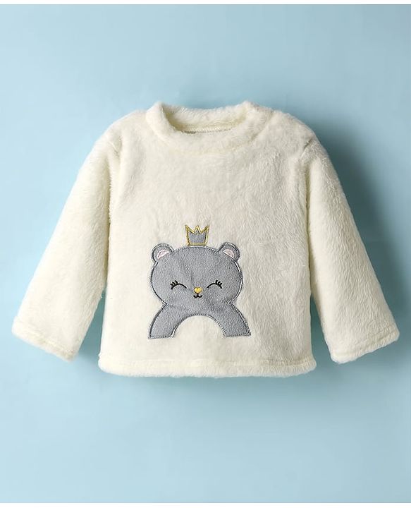 Babyhug Velour Knit Full Sleeves Night Suit With Animal Embriodery - White & Pink