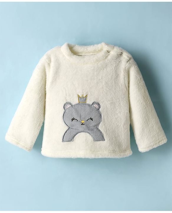 Babyhug Velour Knit Full Sleeves Night Suit With Animal Embriodery - White & Pink