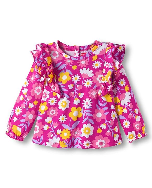 Babyhug 100% Cotton Knit Full Sleeves Top with Floral Print & Frill Detailing - Pink