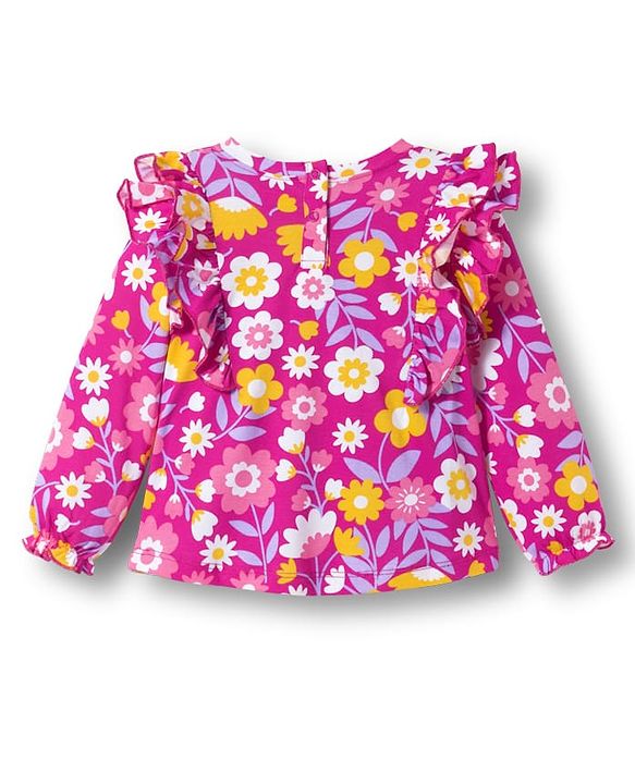 Babyhug 100% Cotton Knit Full Sleeves Top with Floral Print & Frill Detailing - Pink