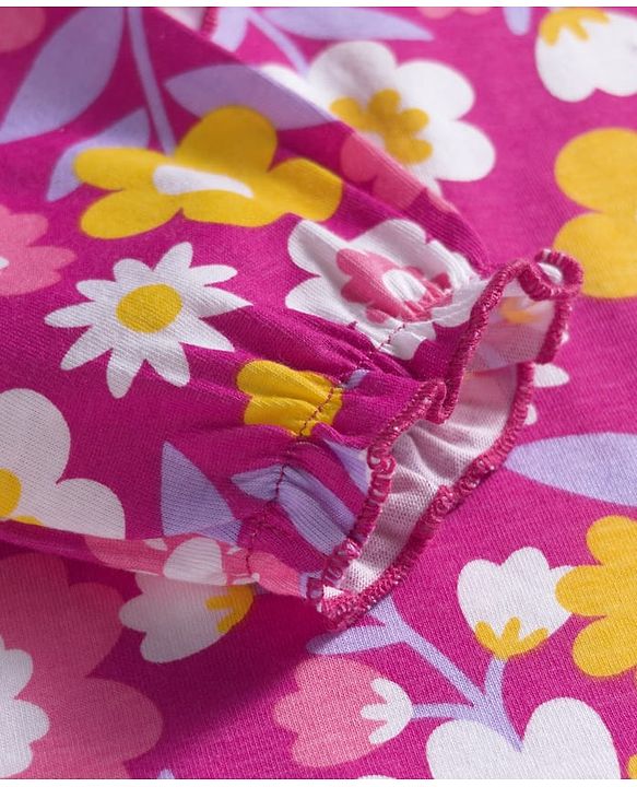 Babyhug 100% Cotton Knit Full Sleeves Top with Floral Print & Frill Detailing - Pink