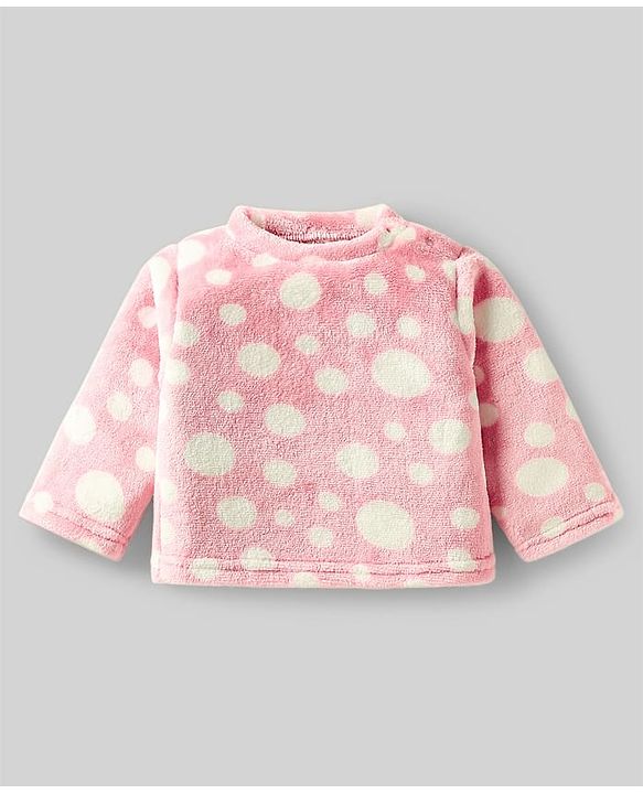 Babyhug Velour Knit Full Sleeves Co-ords Winter Night Suit With Polka Dot Print - Pink