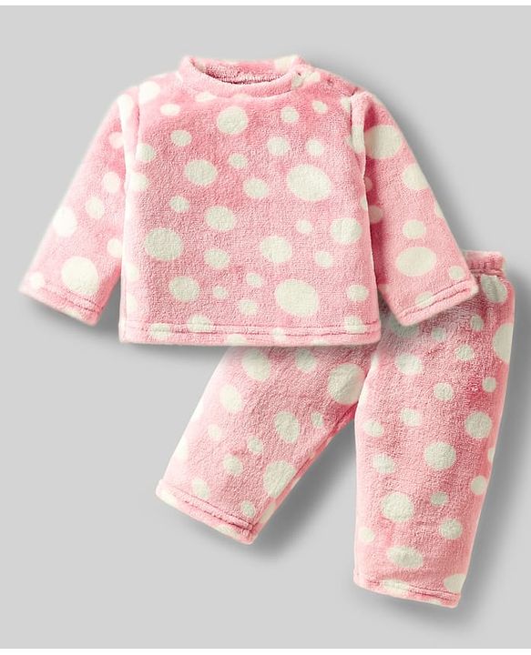 Babyhug Velour Knit Full Sleeves Co-ords Winter Night Suit With Polka Dot Print - Pink