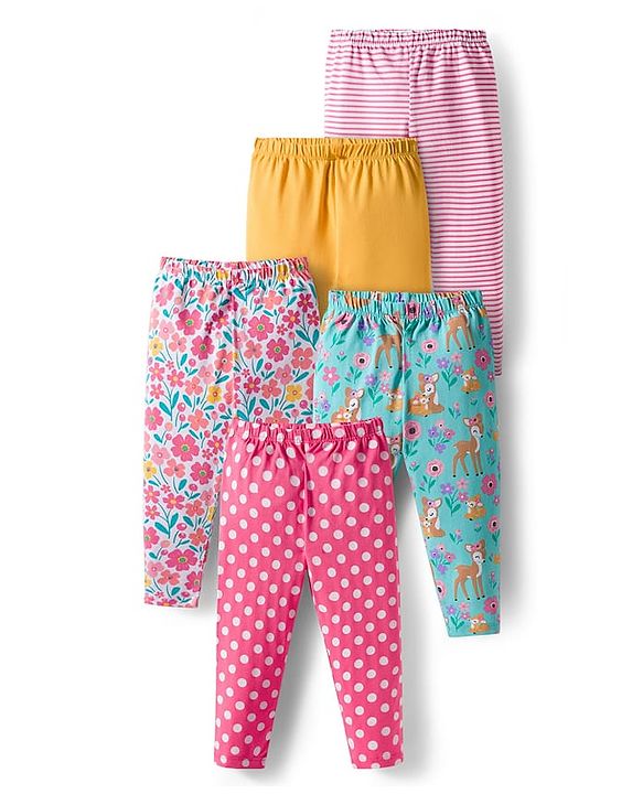 Babyhug Cotton Lycra knit Full Length  Leggings With Stretch Polka Dots & Floral Print Pack of 5 - Pink Yellow & Light Blue