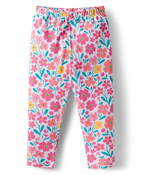 Babyhug Cotton Lycra knit Full Length  Leggings With Stretch Polka Dots & Floral Print Pack of 5 - Pink Yellow & Light Blue