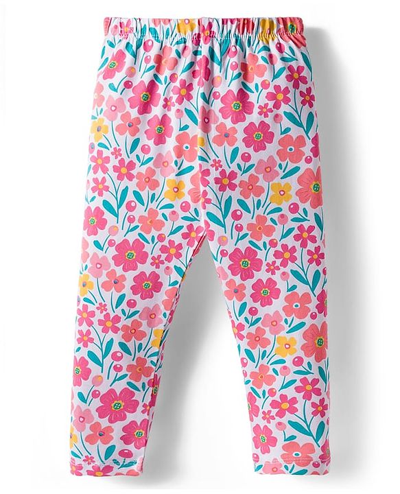 Babyhug Cotton Lycra knit Full Length  Leggings With Stretch Polka Dots & Floral Print Pack of 5 - Pink Yellow & Light Blue