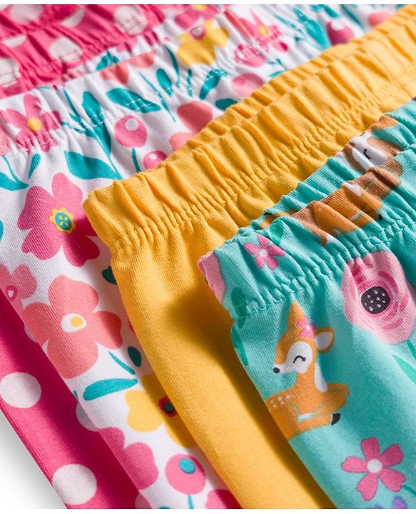 Babyhug Cotton Lycra knit Full Length  Leggings With Stretch Polka Dots & Floral Print Pack of 5 - Pink Yellow & Light Blue