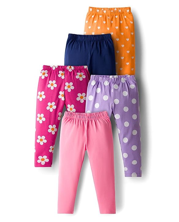 Babyhug Cotton Knit Full Length Leggings With Stretch & Floral Print Pack Of 5 - Multicolour