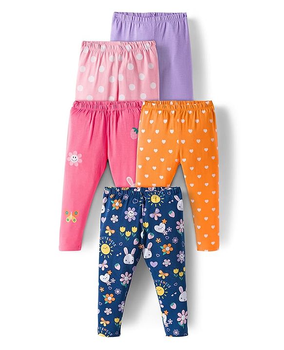 Babyhug Cotton Lycra Full Length Leggings With Stretch Polka Dots & Floral Print Pack of 5 - Navy Blue Pink & Orange