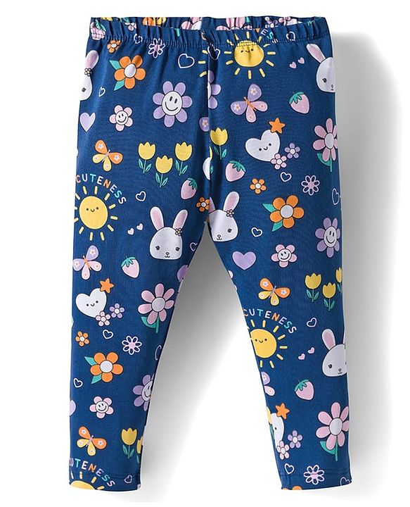 Babyhug Cotton Lycra Full Length Leggings With Stretch Polka Dots & Floral Print Pack of 5 - Navy Blue Pink & Orange