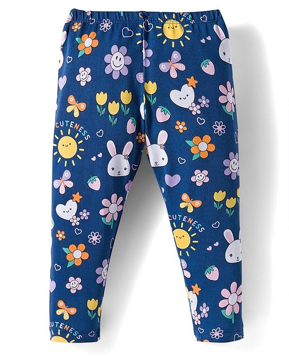 Babyhug Cotton Lycra Full Length Leggings With Stretch Polka Dots & Floral Print Pack of 5 - Navy Blue Pink & Orange