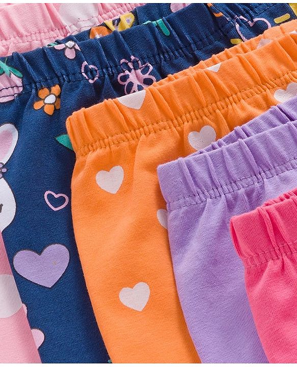 Babyhug Cotton Lycra Full Length Leggings With Stretch Polka Dots & Floral Print Pack of 5 - Navy Blue Pink & Orange