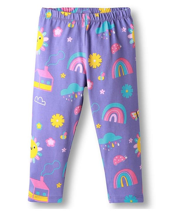 Babyhug Cotton Lycra Knit Full Length Leggings With Stretch Floral & Rainbow Print Pack of 3 - Navy Blue Orange & Purple
