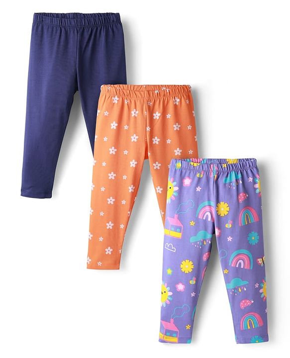 Babyhug Cotton Lycra Knit Full Length Leggings With Stretch Floral & Rainbow Print Pack of 3 - Navy Blue Orange & Purple
