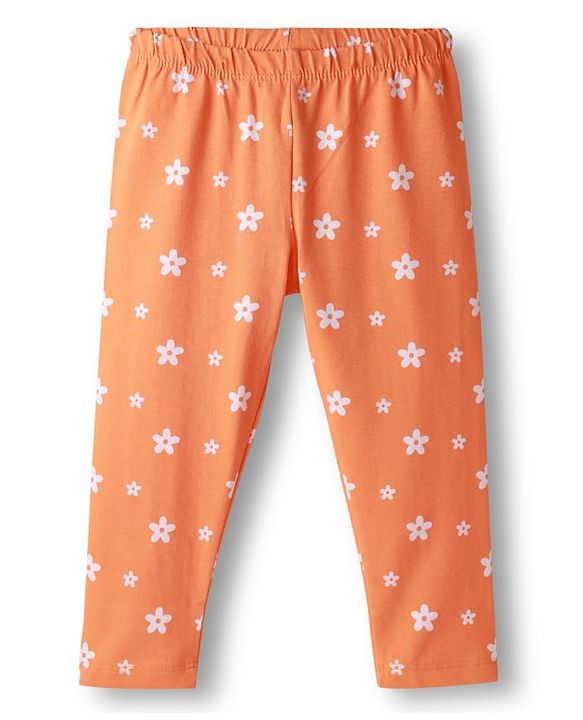 Babyhug Cotton Lycra Knit Full Length Leggings With Stretch Floral & Rainbow Print Pack of 3 - Navy Blue Orange & Purple