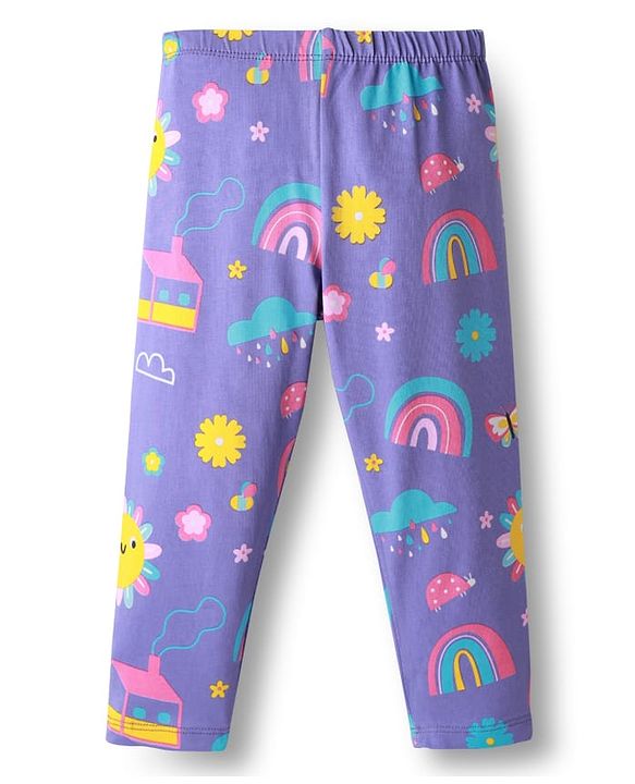 Babyhug Cotton Lycra Knit Full Length Leggings With Stretch Floral & Rainbow Print Pack of 3 - Navy Blue Orange & Purple