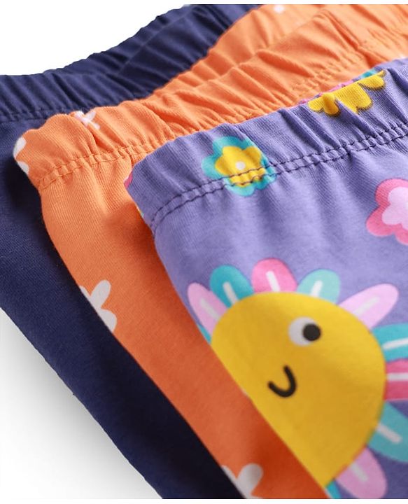 Babyhug Cotton Lycra Knit Full Length Leggings With Stretch Floral & Rainbow Print Pack of 3 - Navy Blue Orange & Purple